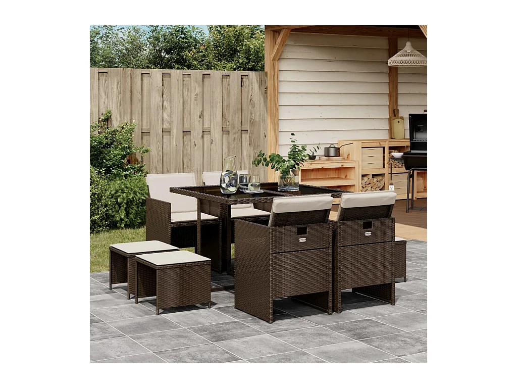 Ensemble à manger de jardin et coussins 9 pièces marron poly rotin