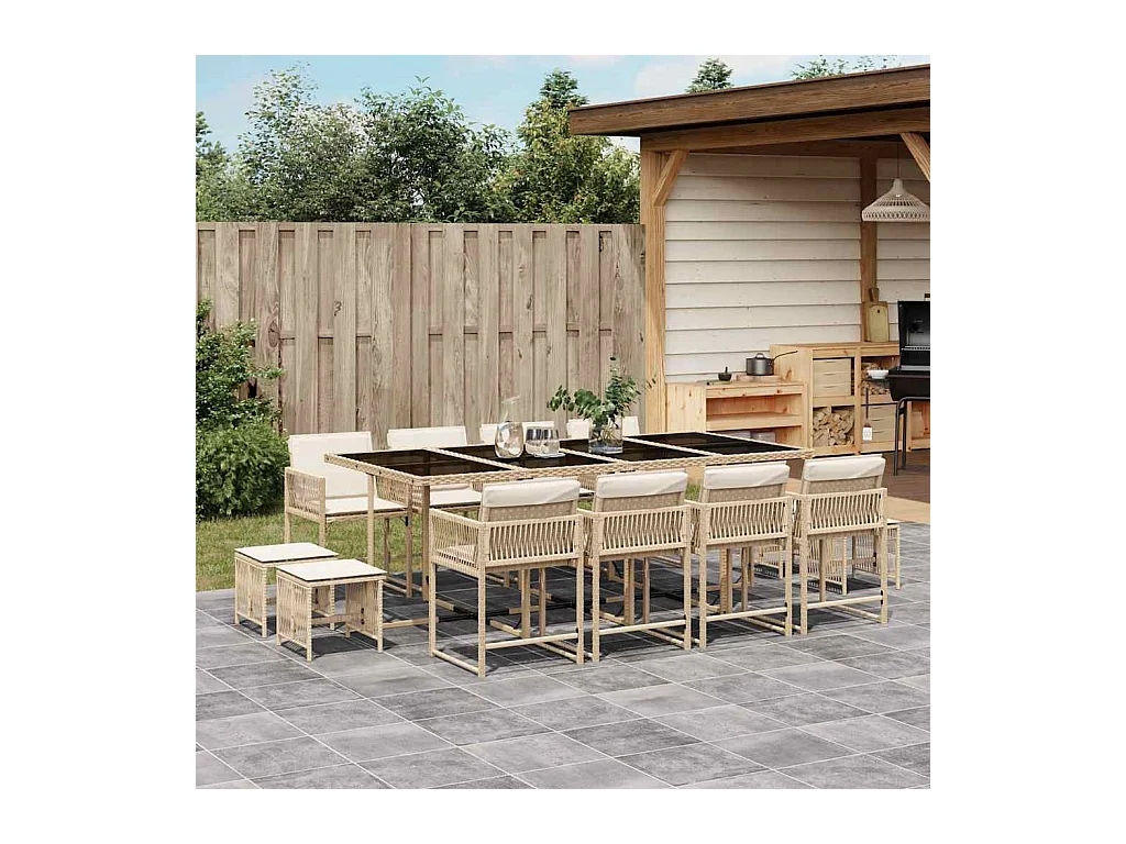 Ensemble à manger de jardin et coussins 13 pièces beige