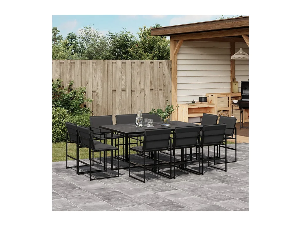 Ensemble à manger de jardin avec coussins 11 pièces noir textilène