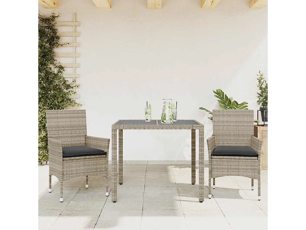 Set comedor jardín 3 piezas y cojines ratán PE vidrio gris claro