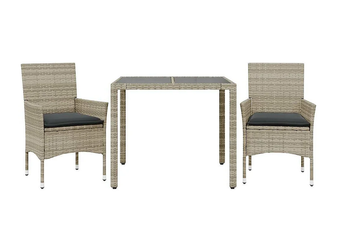 Set comedor jardín 3 piezas y cojines ratán PE vidrio gris claro