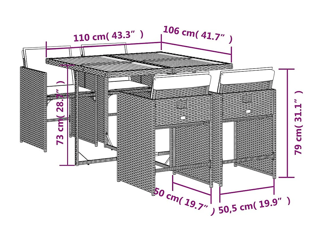 Ensemble à manger de jardin 5 pièces coussins gris résine tressée