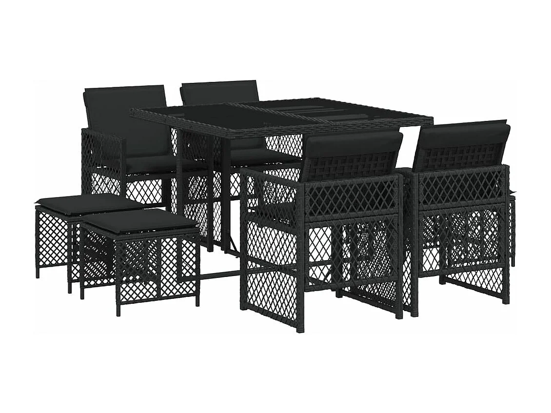 Set de comedor de jardín 9 piezas y cojines ratán sintético negro