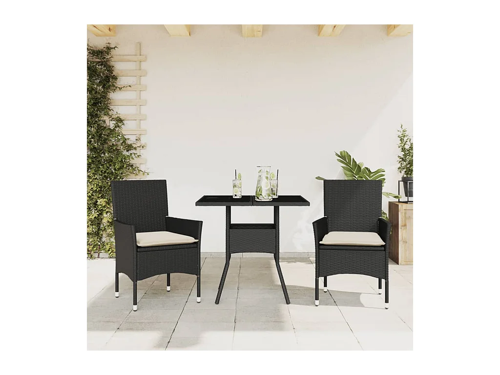 Ensemble à manger de jardin et coussins 3 pièces noir rotin verre
