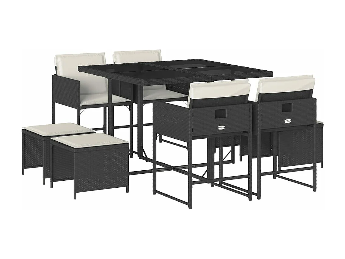Set de comedor de jardín 9 piezas y cojines ratán sintético negro
