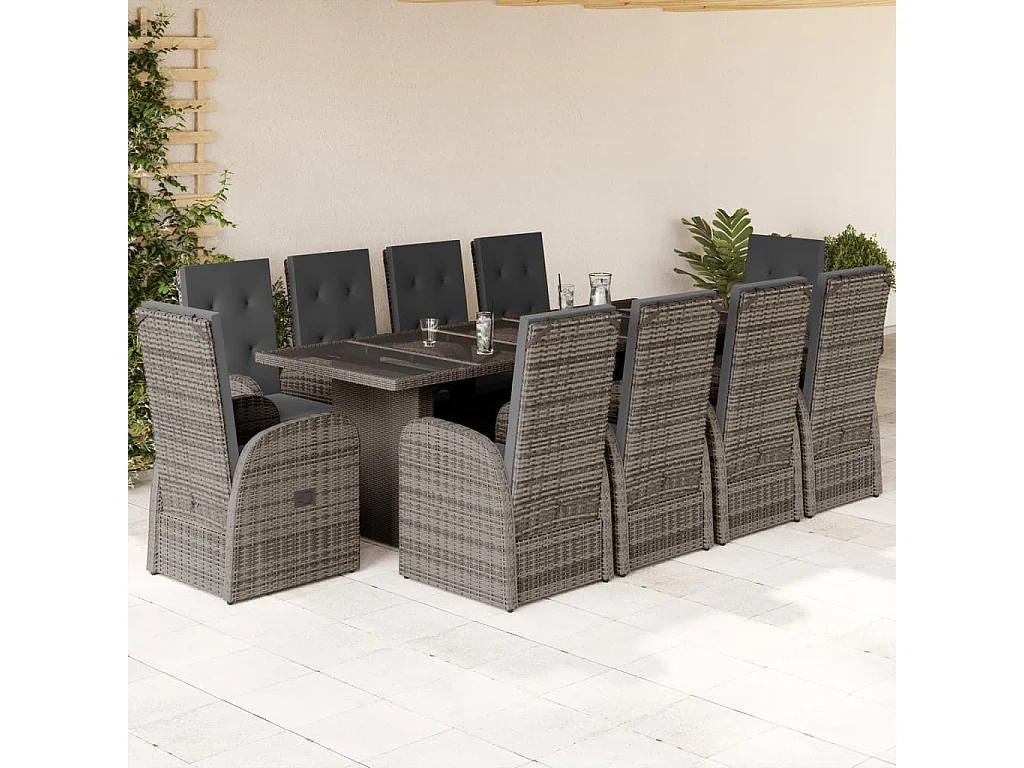 Set de comedor de jardín 11 piezas y cojines ratán sintético gris