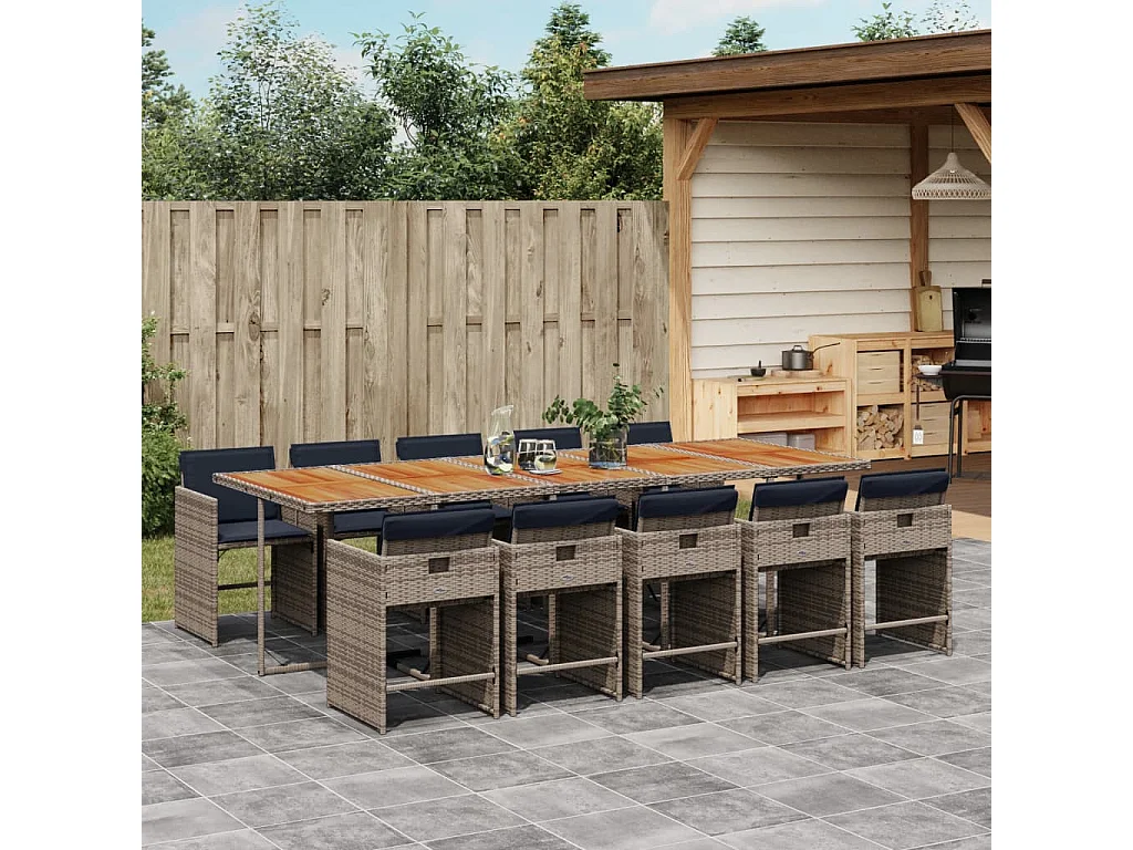 Set de comedor de jardín 11 piezas y cojines ratán sintético gris