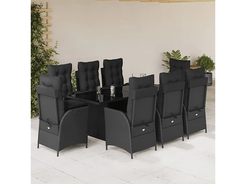 9 peças conjunto de jantar para jardim com almofadões vime PE preto