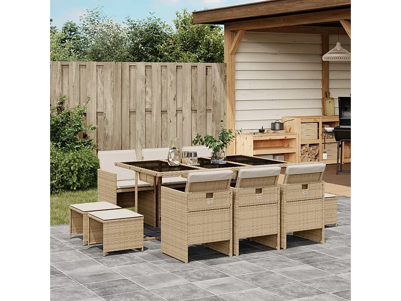 Set comedor de jardín 11 piezas con cojines ratán sintético beige