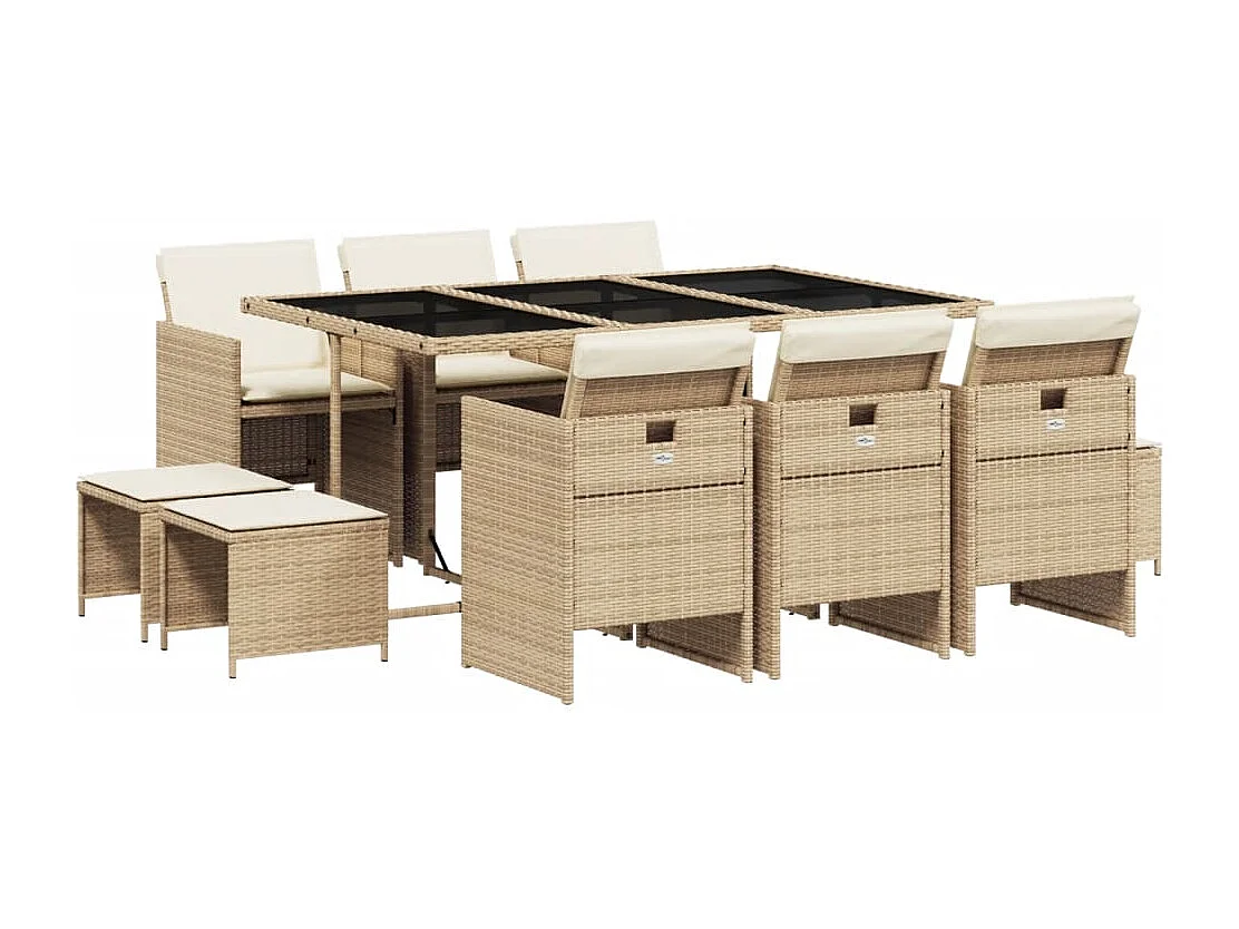 Ensemble à manger de jardin et coussins 11 pièces beige poly rotin