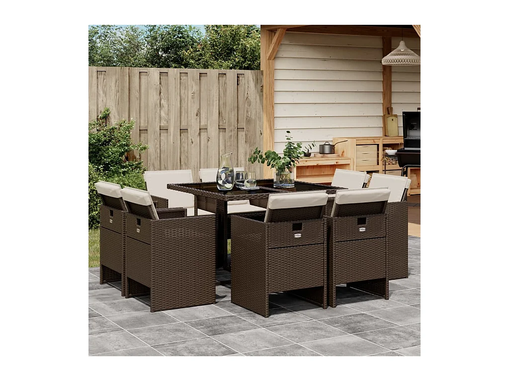Ensemble à manger de jardin et coussins 9 pièces marron poly rotin