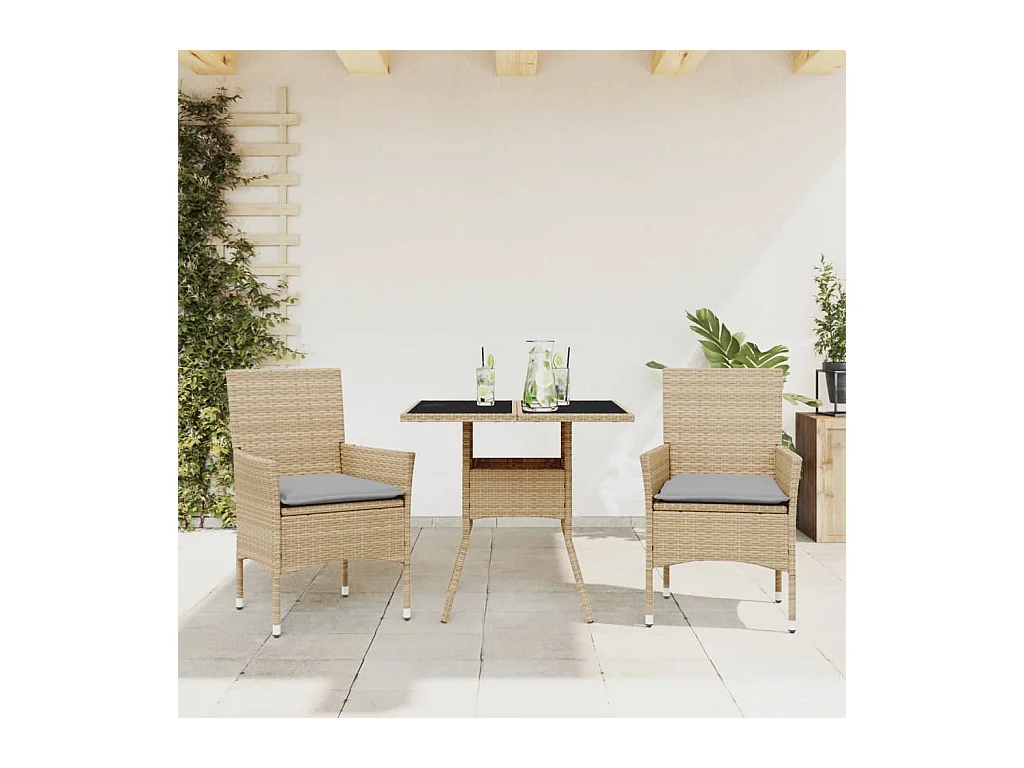 3-delige Tuinset met kussens poly rattan en glas beige