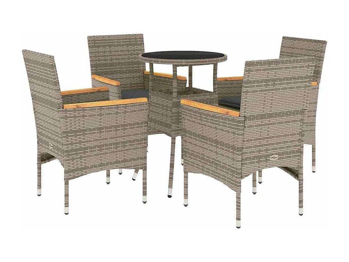 5 peças conjunto jantar jardim com almofadões vime PE/vidro cinza