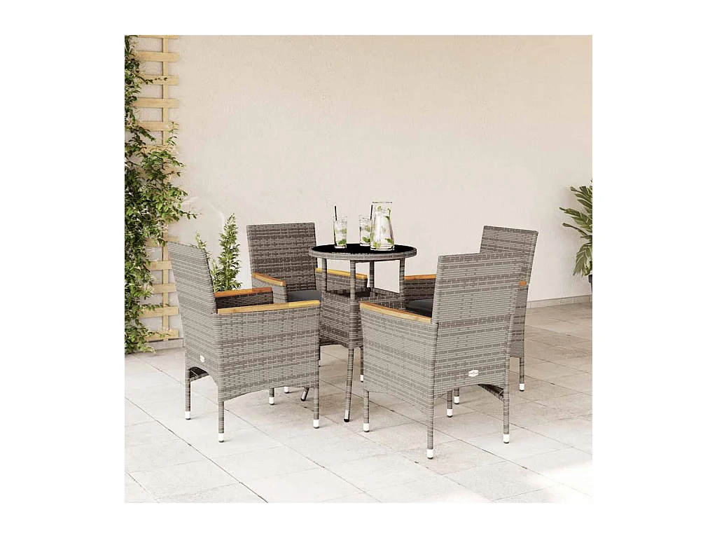 Ensemble à manger de jardin et coussins 5 pièces gris rotin verre