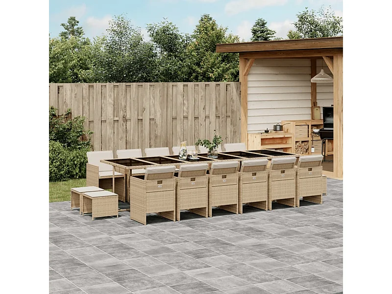 17 peças conjunto de jantar para jardim com almofadões vime PE bege