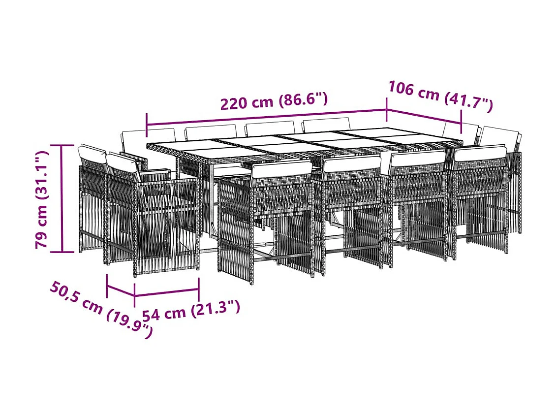 13 peças conjunto jantar para jardim com almofadões vime PE cinzento