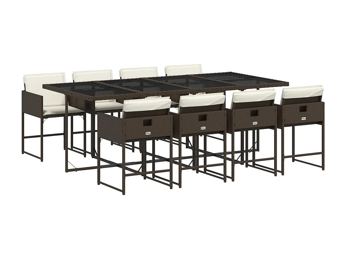 Ensemble à manger de jardin et coussins 9 pièces marron poly rotin