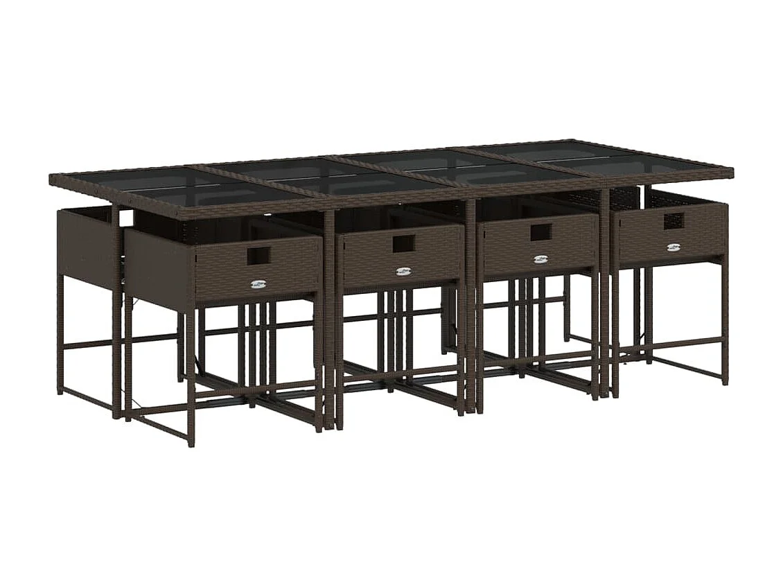 Ensemble à manger de jardin et coussins 9 pièces marron poly rotin