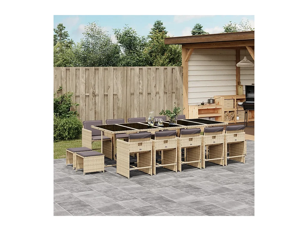 Ensemble à manger de jardin et coussins 15 pièces mélange beige