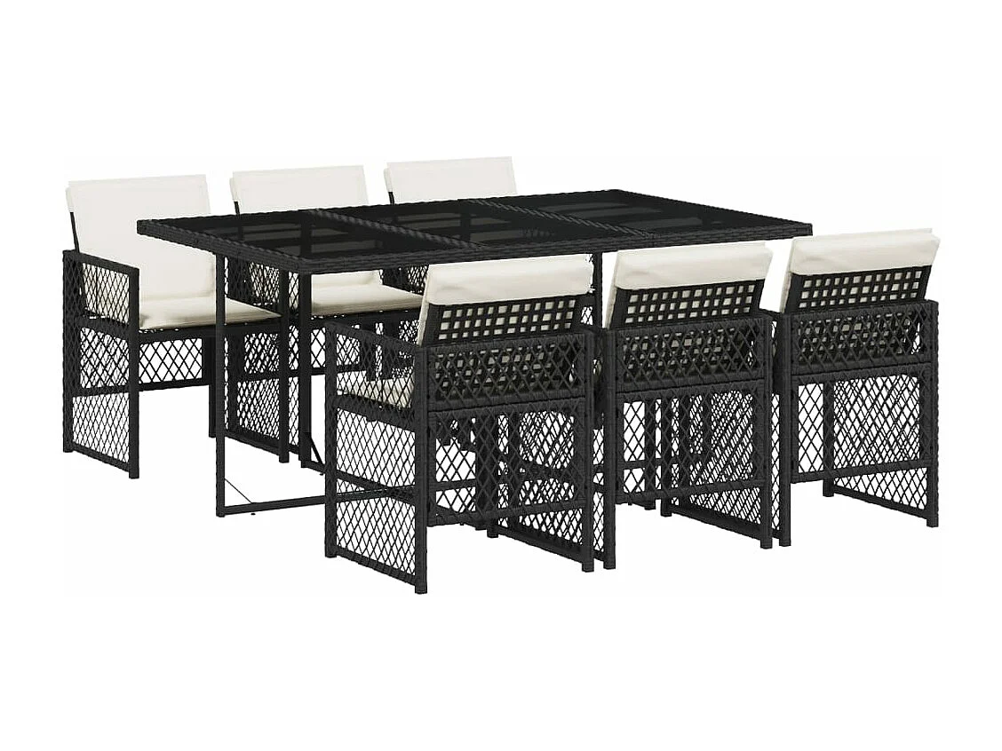 Set de comedor de jardín 7 piezas y cojines ratán sintético negro