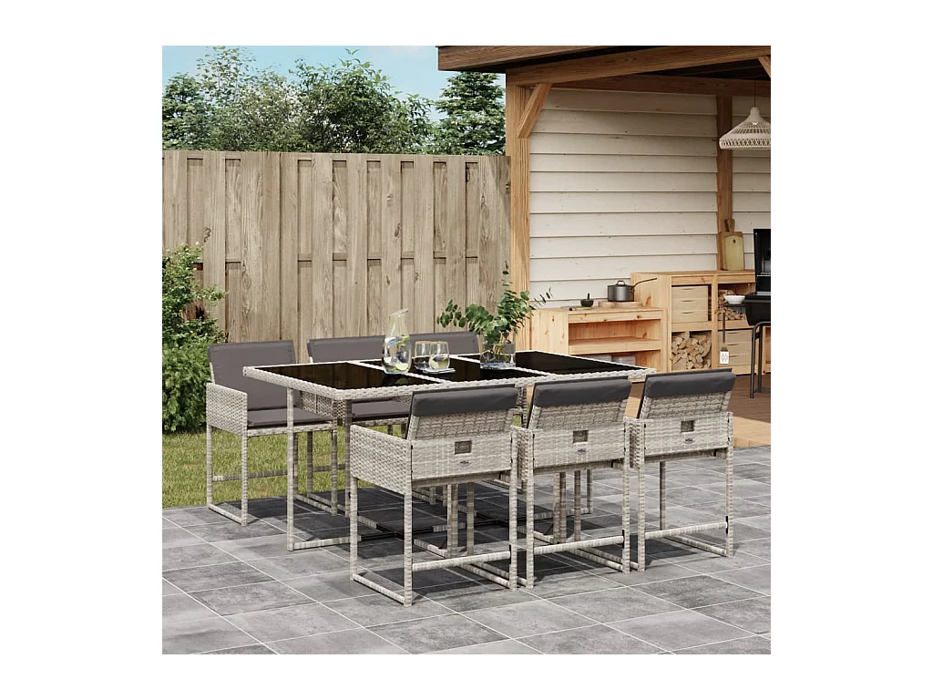 Set comedor jardín 7 piezas y cojines ratán sintético gris claro