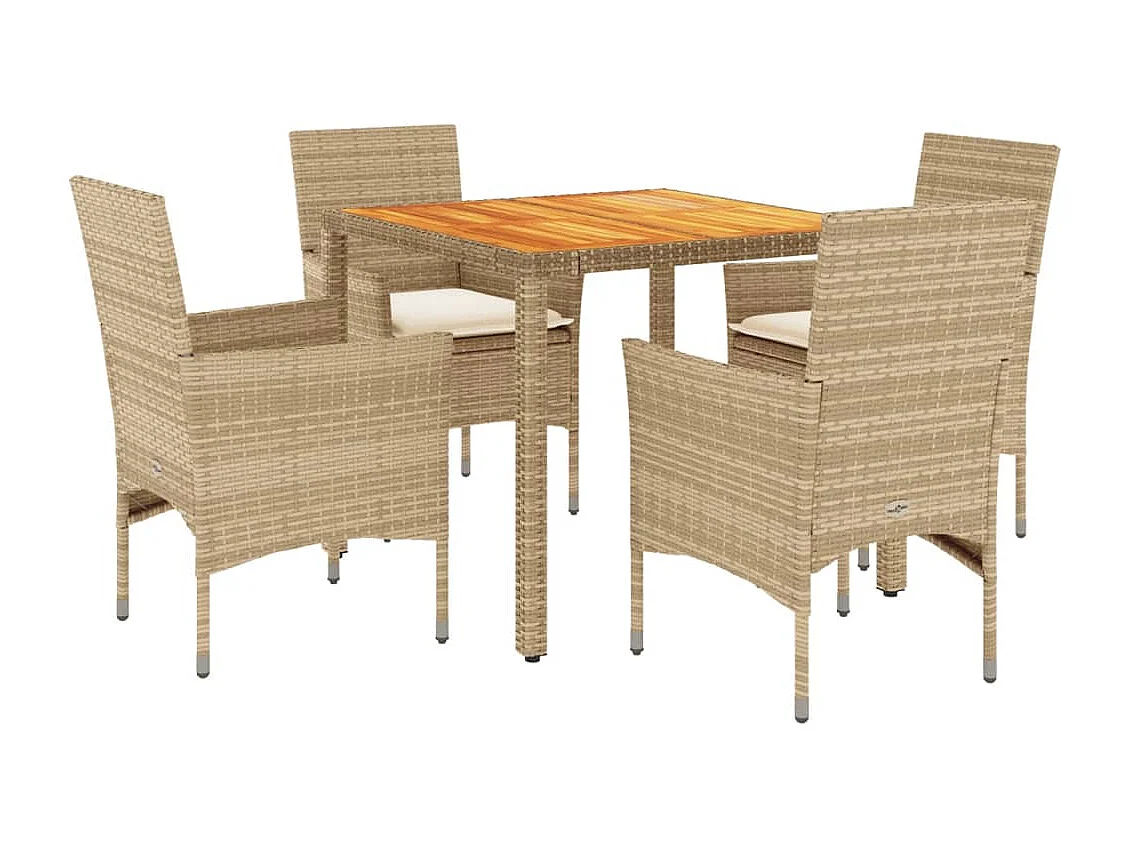 Ensemble à manger de jardin et coussins 5 pièces beige rotin acacia