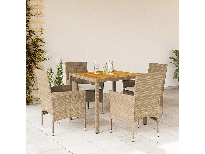 5-delige Tuinset met kussens poly rattan en acaciahout beige