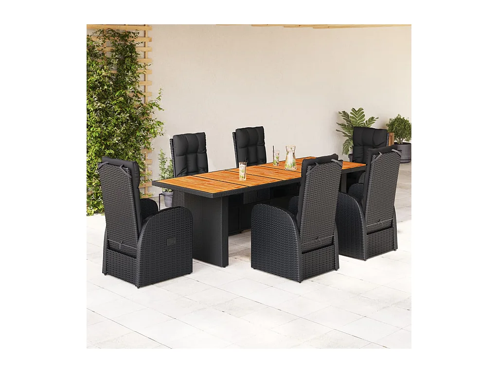 Set de comedor de jardín 7 piezas y cojines ratán sintético negro