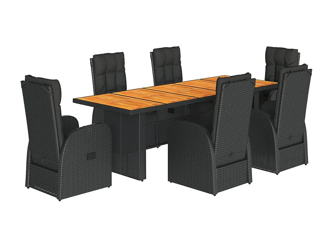 Set de comedor de jardín 7 piezas y cojines ratán sintético negro