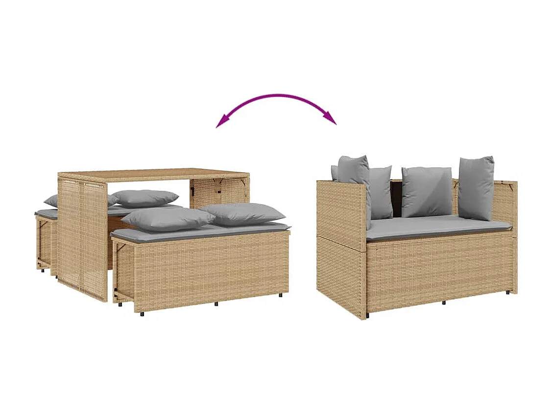 Ensemble à manger de jardin et coussins 3 pièces Beige poly rotin