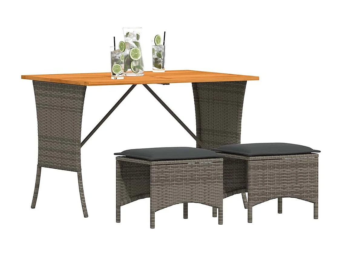 Set comedor de jardín 3 piezas con cojines ratán sintético gris