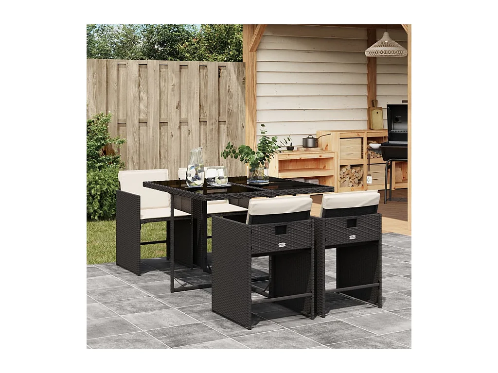 5-delige Tuinset met kussens poly rattan zwart