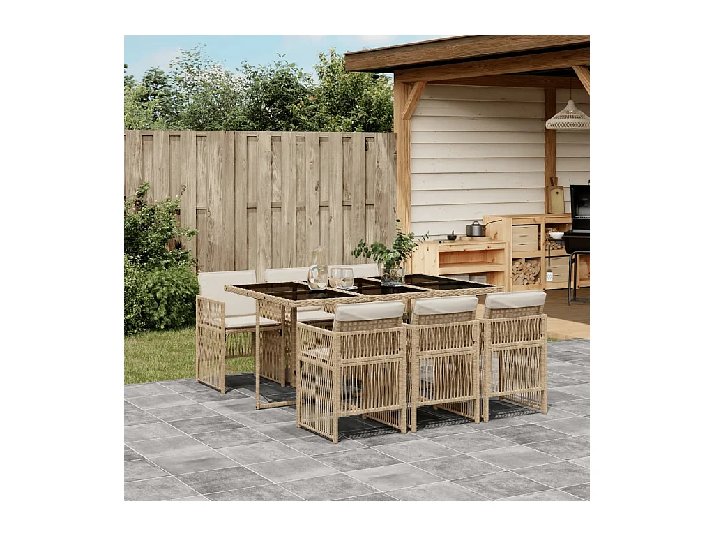 Ensemble à manger de jardin et coussins 7 pièces beige poly rotin