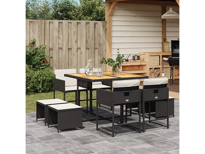 9 peças conjunto de jantar para jardim com almofadões vime PE preto