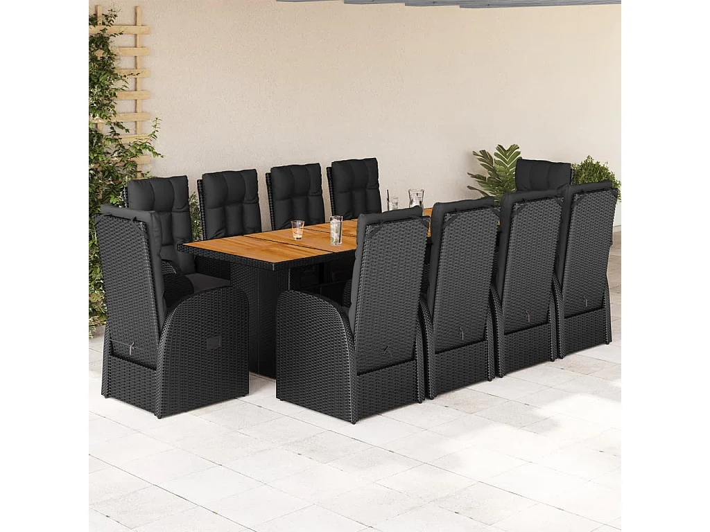 Set de comedor jardín 11 piezas con cojines ratán sintético negro