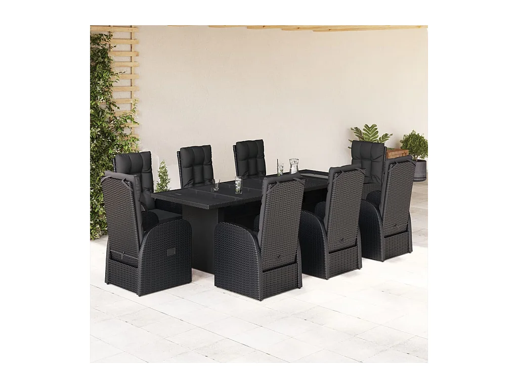 9 peças conjunto de jantar para jardim com almofadões vime PE preto