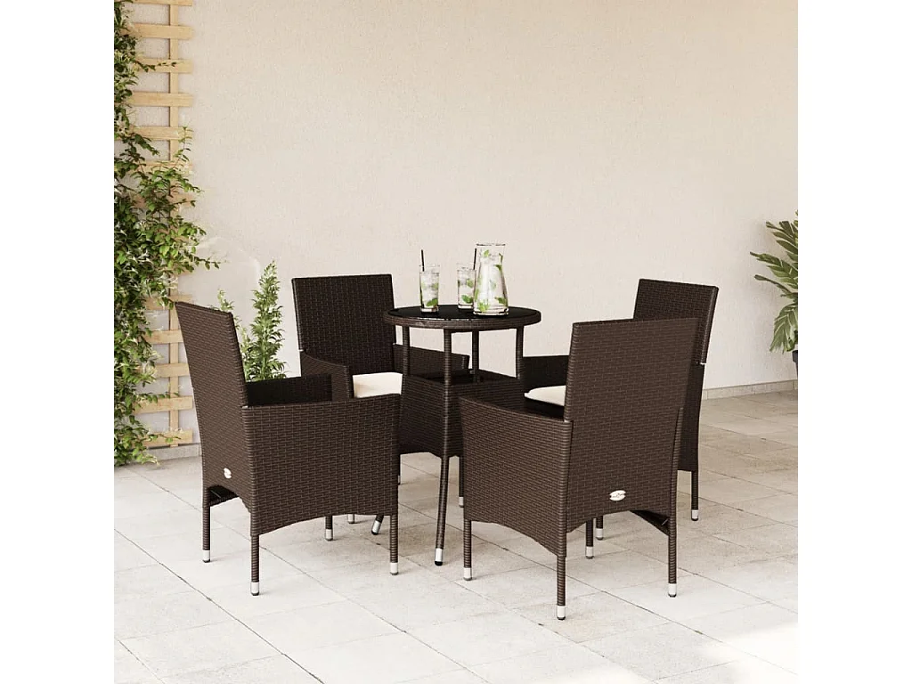 Ensemble à manger de jardin et coussins 5 pièces marron rotin verre