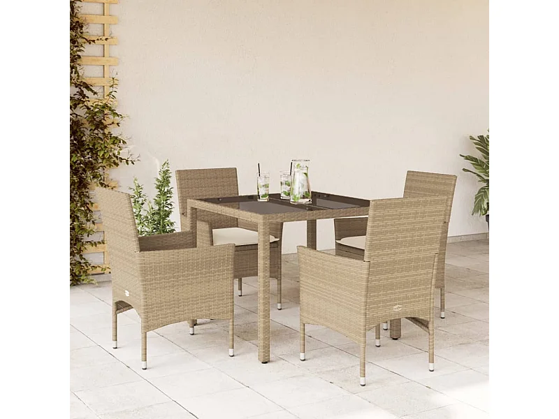 Set comedor jardín 5 piezas cojines ratán sintético vidrio beige