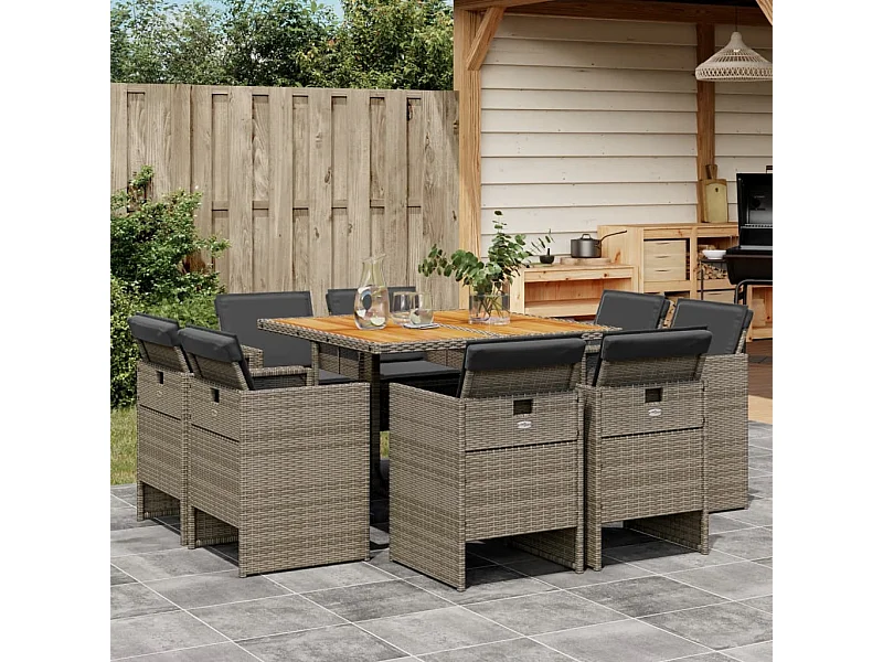 9-delige Tuinset met kussens poly rattan grijs