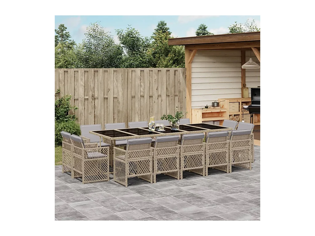 Set comedor de jardín con cojines 15 piezas ratán sintético beige