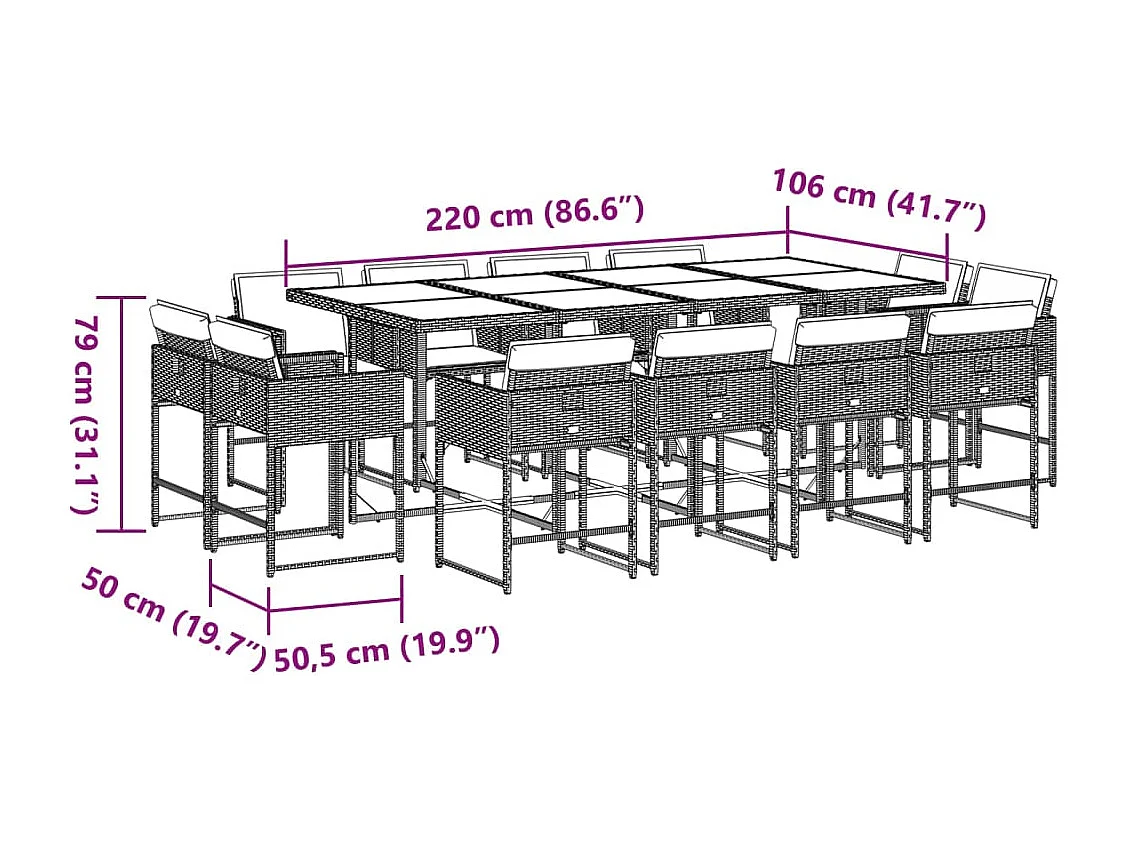 Set comedor jardín y cojines 13 piezas ratán sintético gris claro