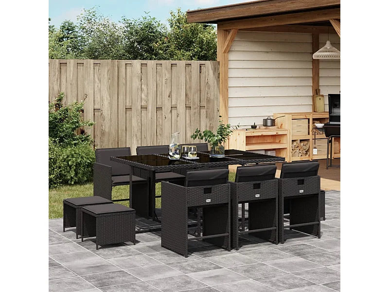 11 peças conjunto de jantar para jardim com almofadões vime PE preto