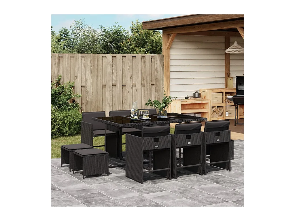 11 peças conjunto de jantar para jardim com almofadões vime PE preto
