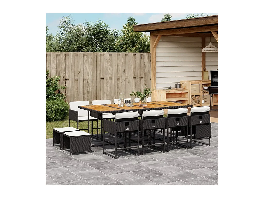 Set comedor de jardín con cojines 13 piezas ratán sintético negro