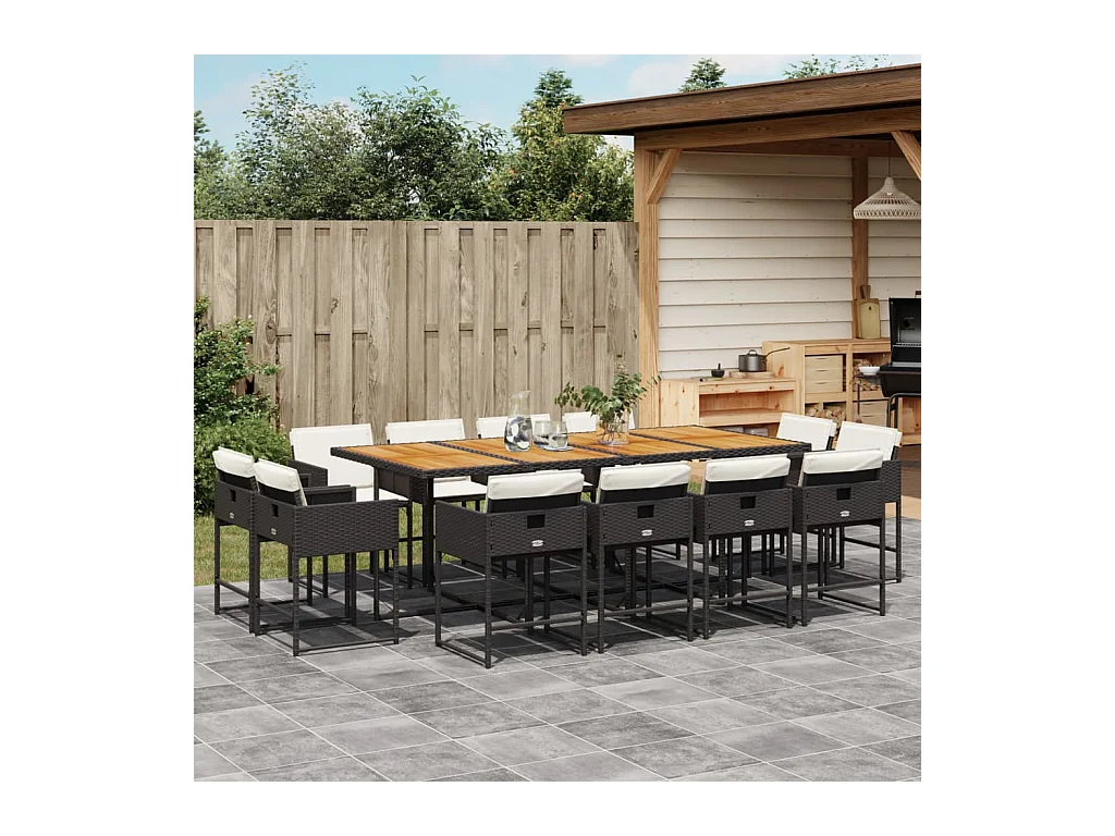 Set comedor de jardín con cojines 13 piezas ratán sintético negro