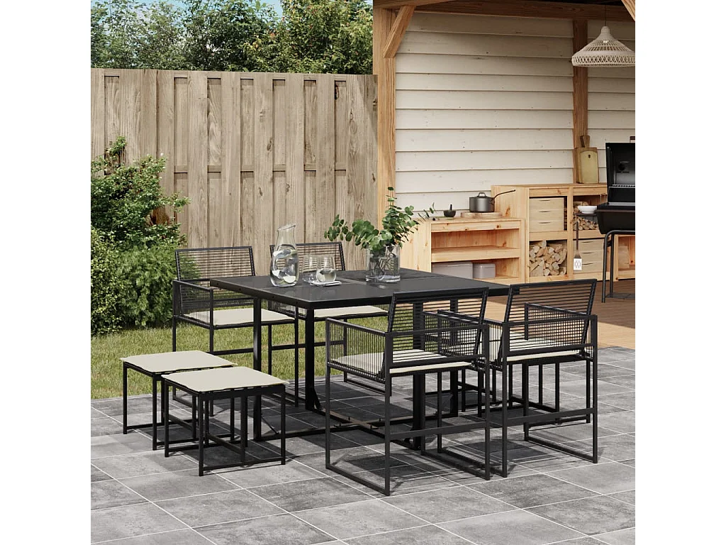 9 peças conjunto de jantar para jardim com almofadões vime PE preto