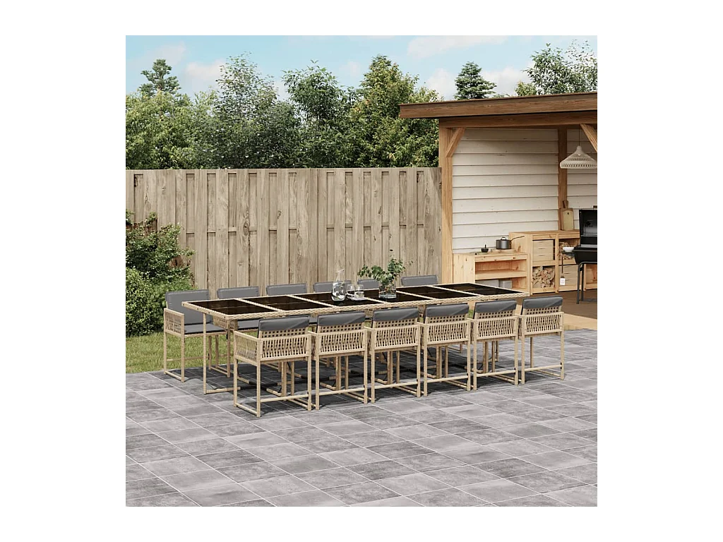 Ensemble à manger de jardin coussins 13 pièces mélange beige rotin