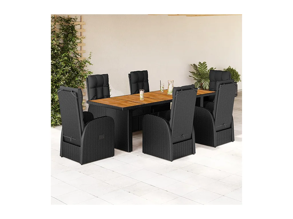 Set de comedor de jardín 7 piezas y cojines ratán sintético negro