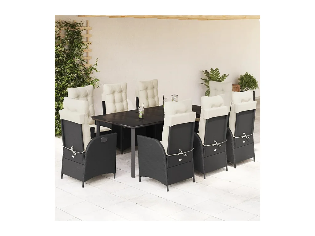 9 peças conjunto de jantar para jardim com almofadões vime PE preto