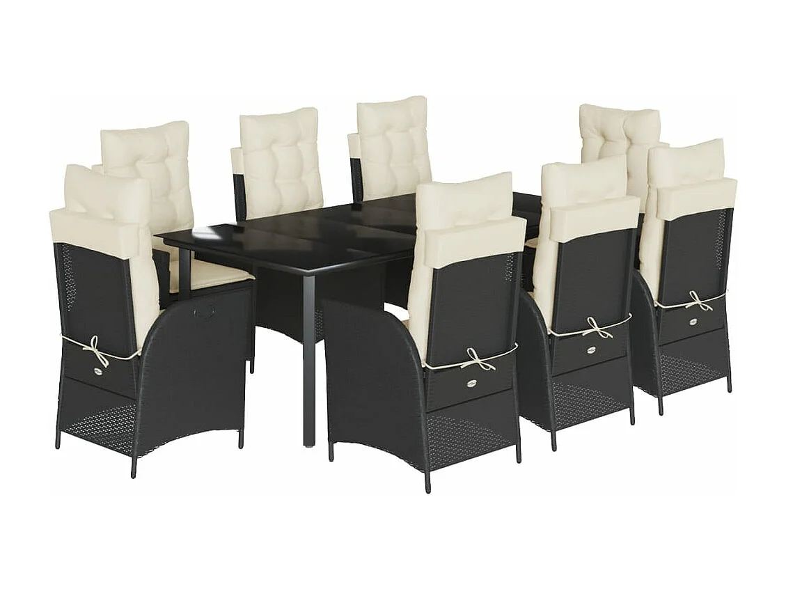 9 peças conjunto de jantar para jardim com almofadões vime PE preto